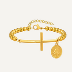 Vnox Saint Benedict Cross Bracelets,Stainless Steel Bead Chain Stretch Strand Bracelets For Women Men,Religion Jewelry Christ