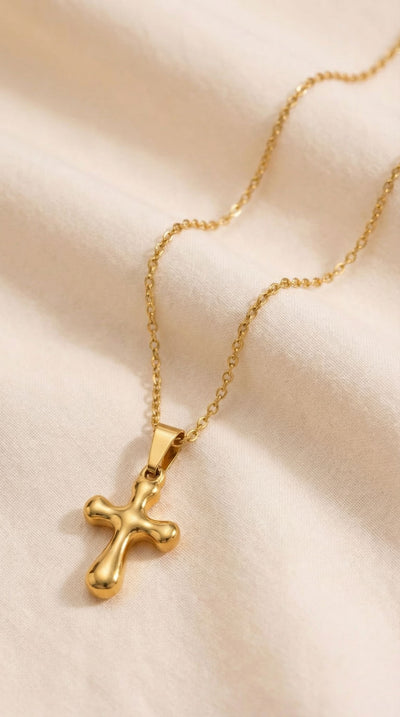 Collier Croix Doré aux Courbes Arrondies
