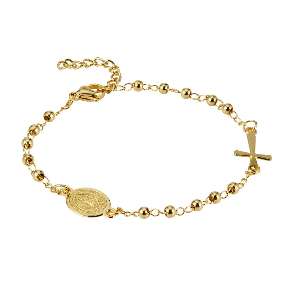 Bracelet double fil kaki avec croix plaqué or - Bijoux religieux