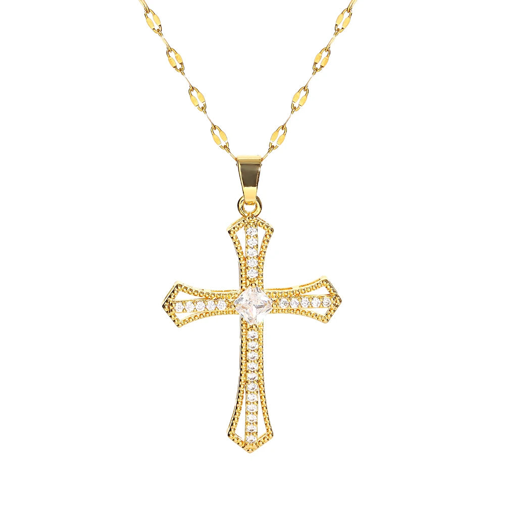 Christian Pendant Necklace with Cross Set with Zirconium