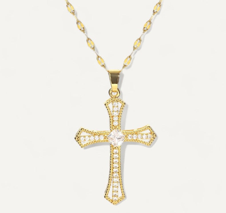 Golden Cross Pendant Necklace with Zirconium Crystals