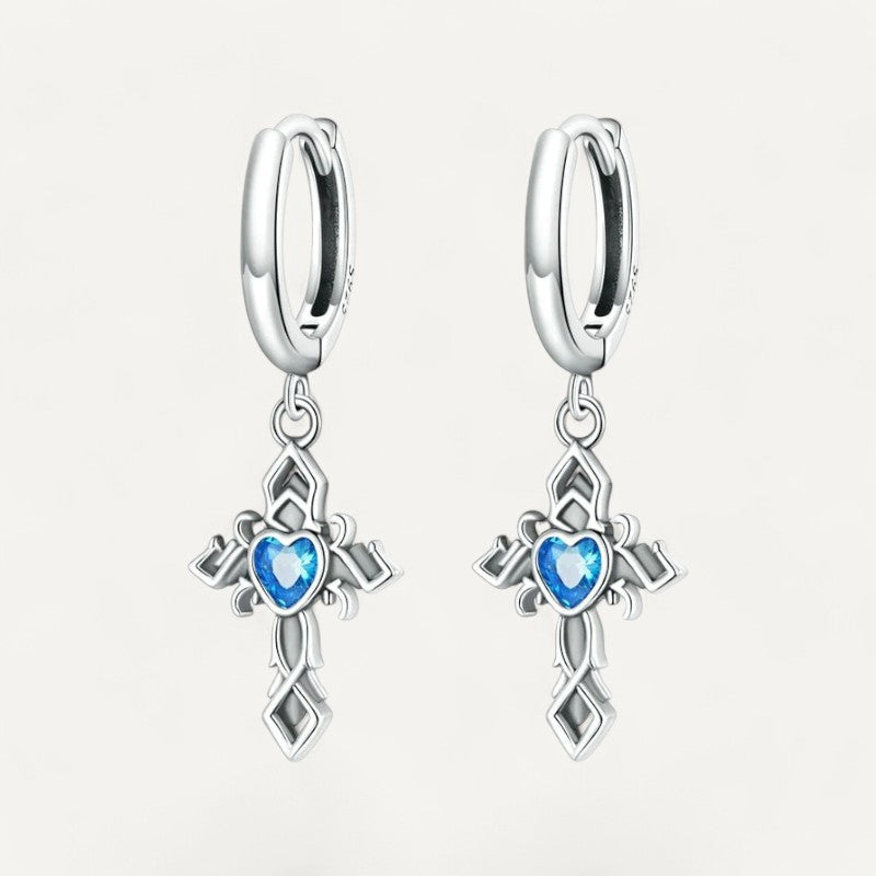 Boucles d'Oreilles Croix Diamants Bleus