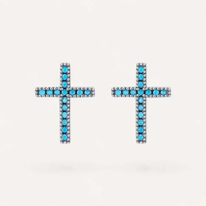 Boucles d'Oreilles Croix Pierres Bleues