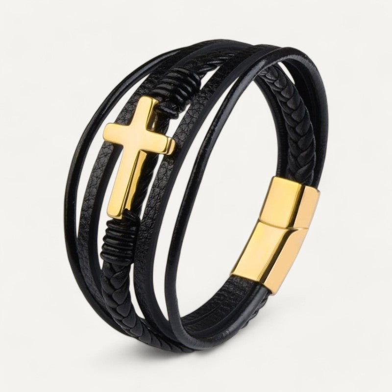 Men's leather cross bracelet