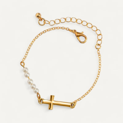 Bracelet Femme Perle Avec Croix Et Médaillon - Bijou élégant Pour Communion, Cérémonie Religieuse - Acier Inoxydable