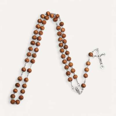 Wooden pearl beads with steel cross