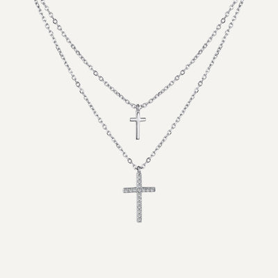 Silver double cross necklace