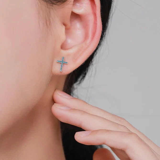 Blue Stone Cross Earrings