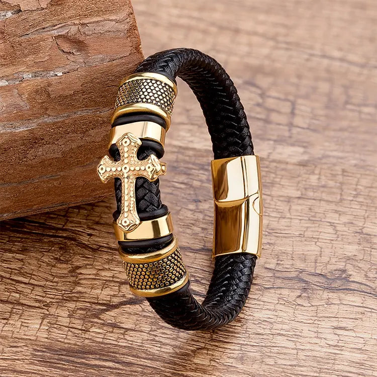 Men's Golden Cross Bracelet Leather