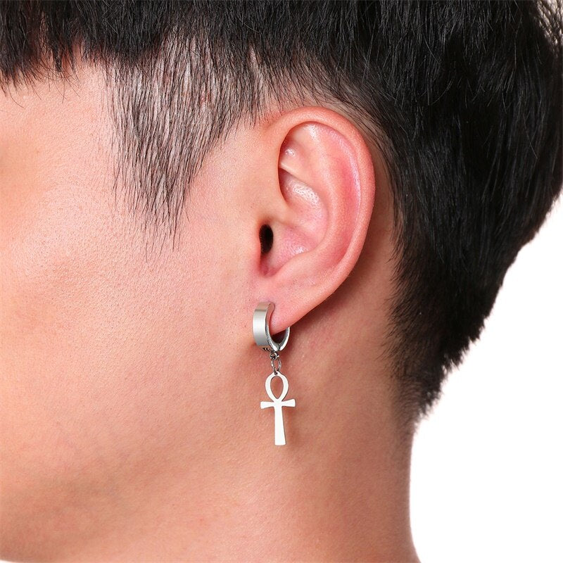 Alloy Ankh Cross Drop Earrings – Silver, Egyptian Theme, Dangle Style