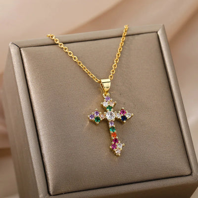 Arc-en-ciel golden cross necklace