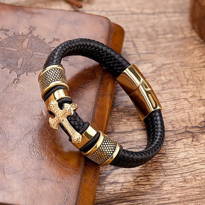 Men's Golden Cross Bracelet Leather