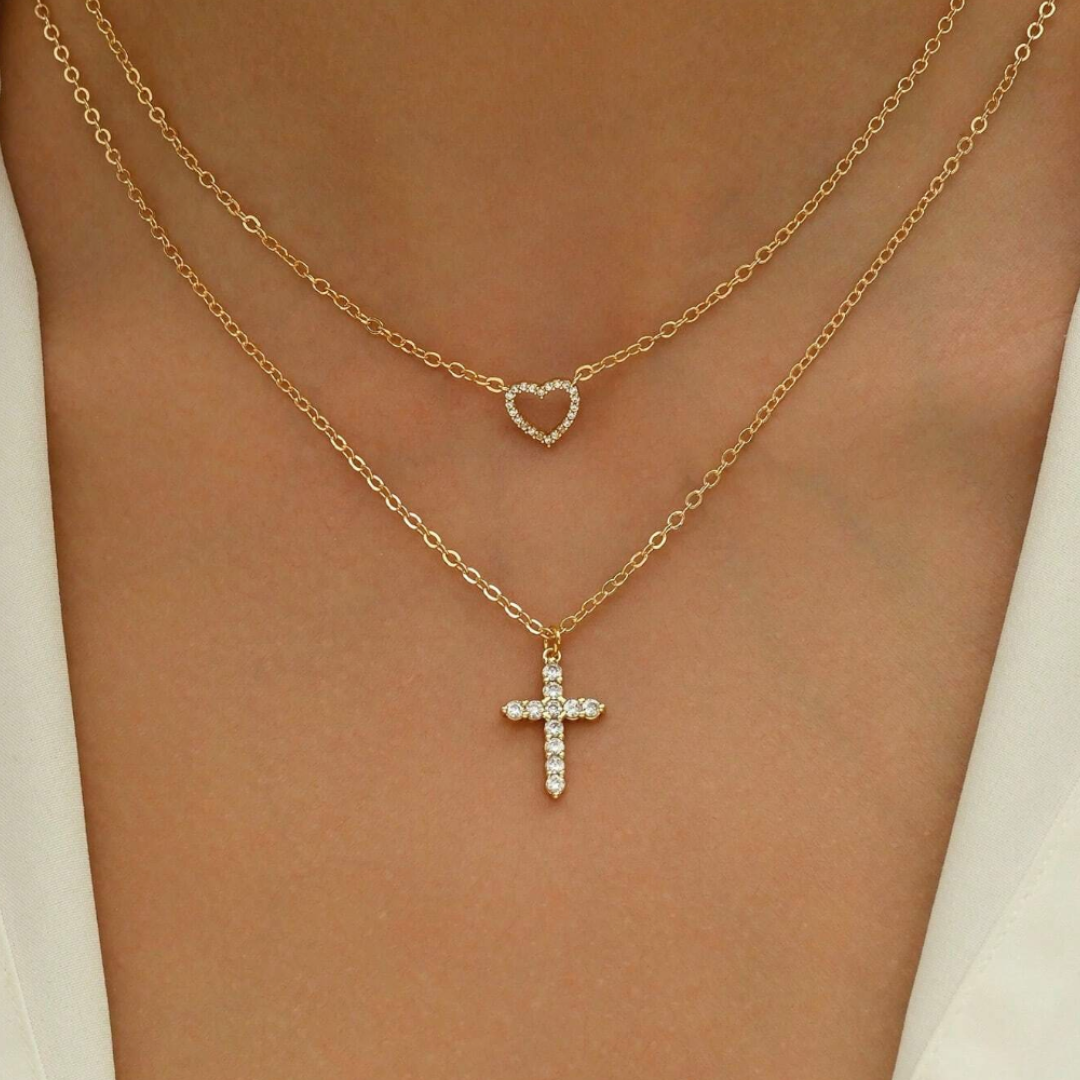 Collier Croix & Cœur Dorés en Cristaux