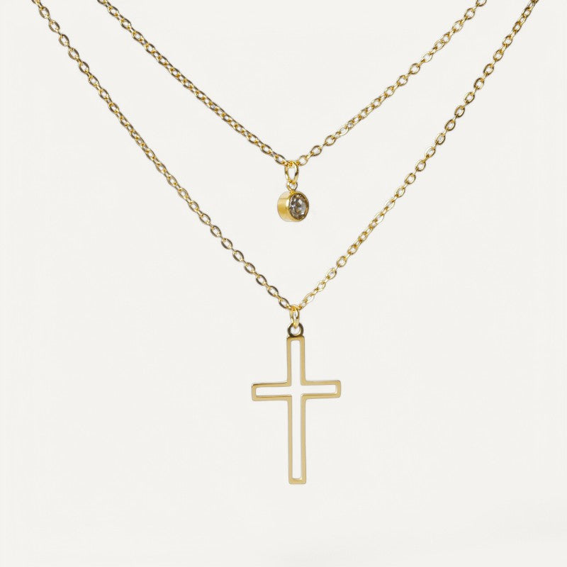 Collier Croix Double avec Pierre