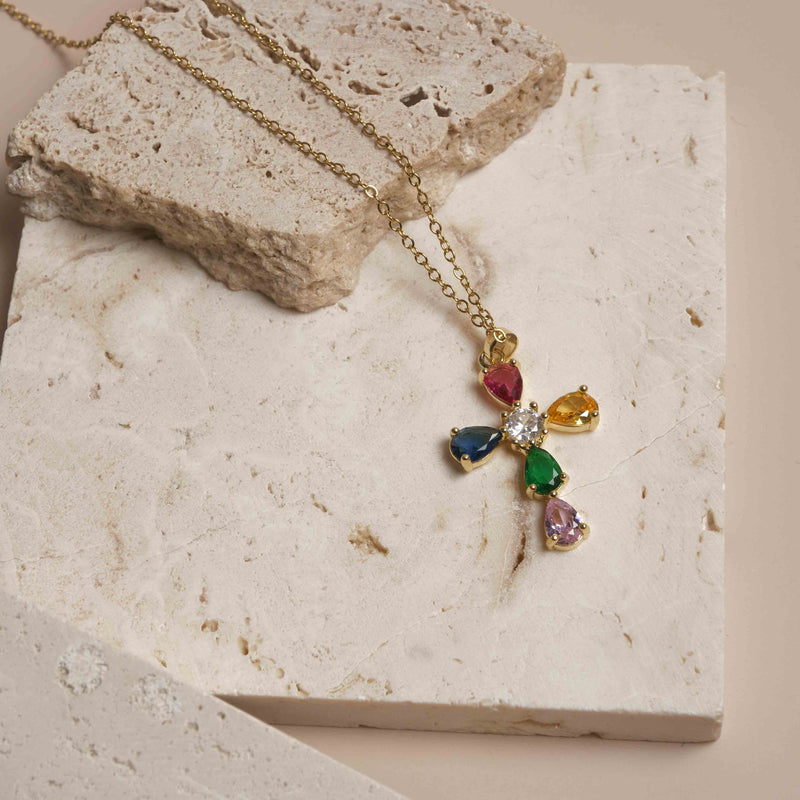 Collier Croix Multicolore Élégance Dorée