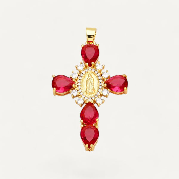 Pendentif Croix En Or 18K Avec Pierre Rouge (rubis Synthétique) - Bijou Occasion En Excellent état