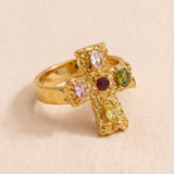 Bague Croix Dorée avec Pierres Multicolores