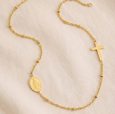 Collier Croix et Médaille Vierge Marie Doré