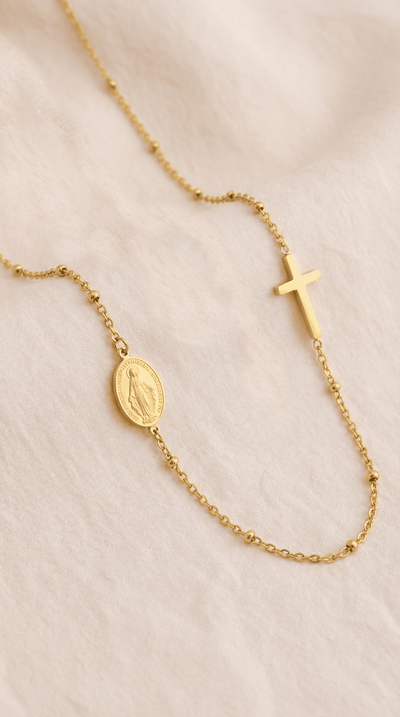 Collier Croix et Médaille Vierge Marie Doré