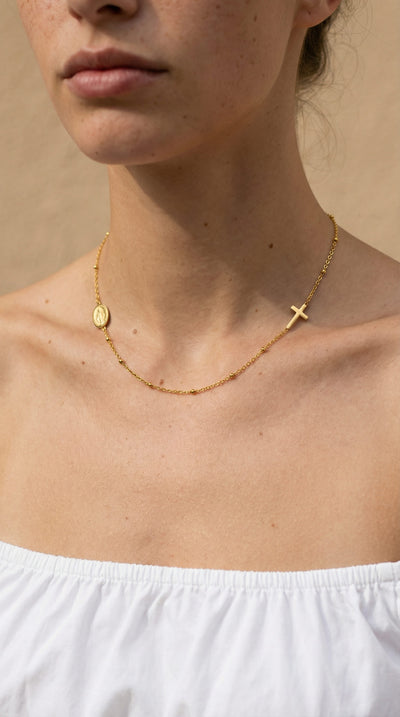 Collier Croix et Médaille Vierge Marie Doré