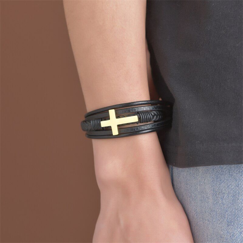 Men's leather cross bracelet