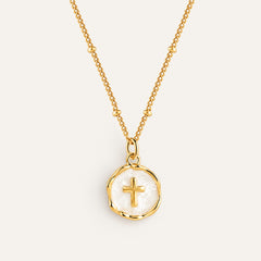 Collier Croix Médaille Ronde Émail Blanc