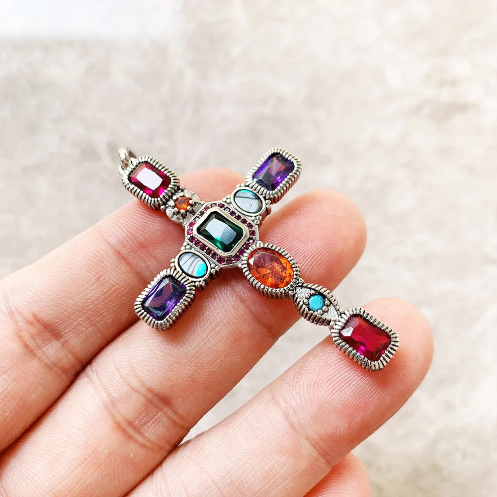 Pendentif Croix Pierres Colorées