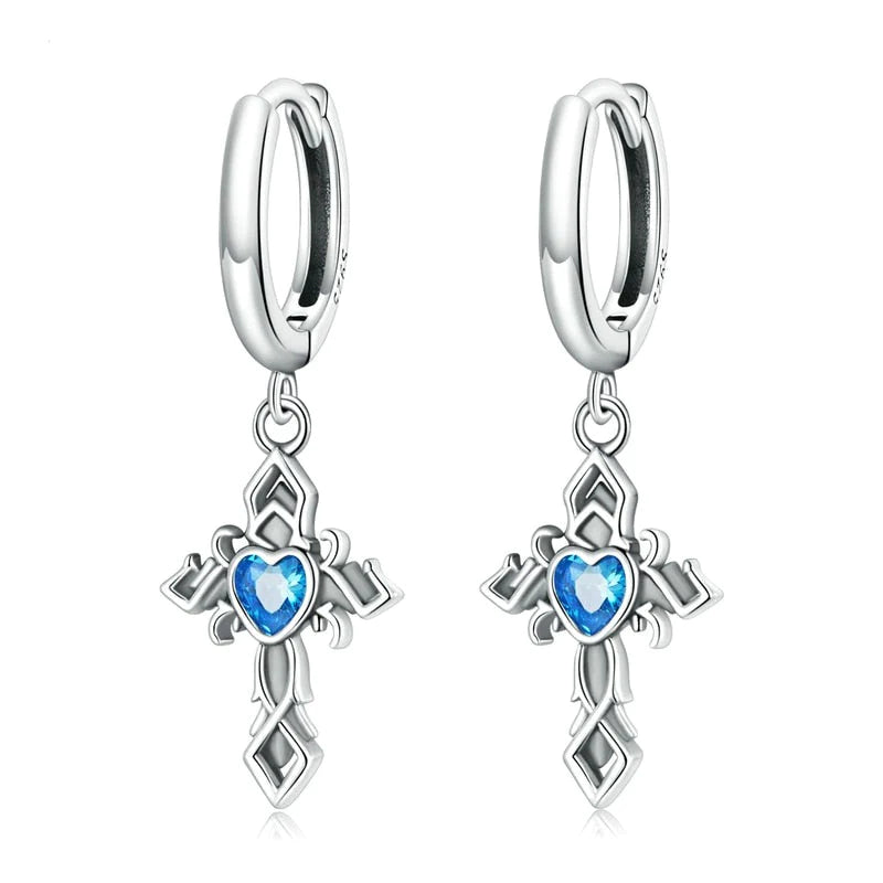 Blue Diamond Cross Earrings