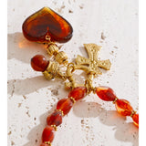 Collier Rouge Translucide à Breloques Croix et Cœur