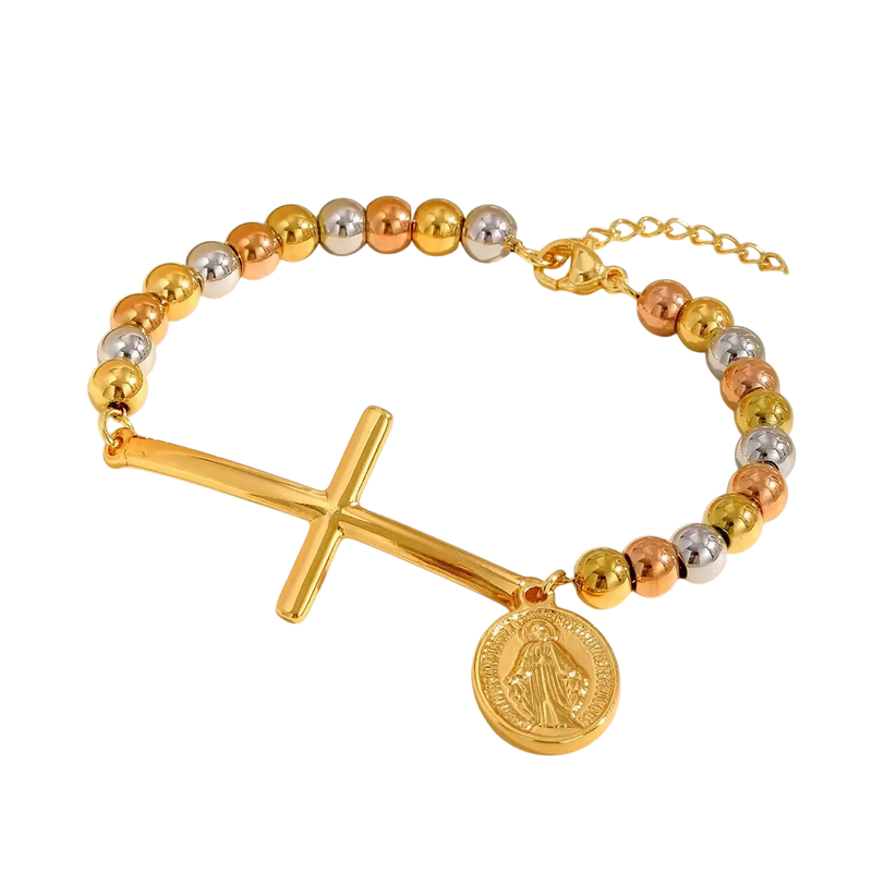 Vnox Saint Benedict Cross Bracelets,Stainless Steel Bead Chain Stretch Strand Bracelets For Women Men,Religion Jewelry Christ