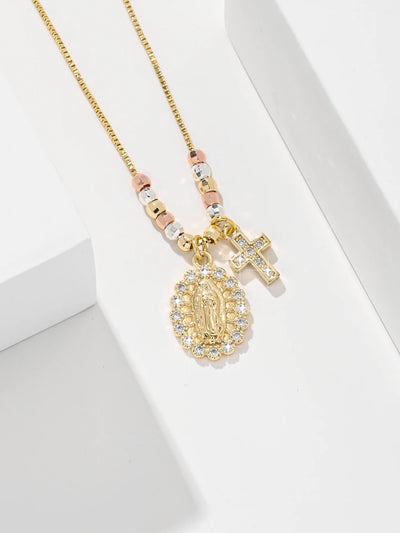 Collier Croix Vierge Doré Bicolore