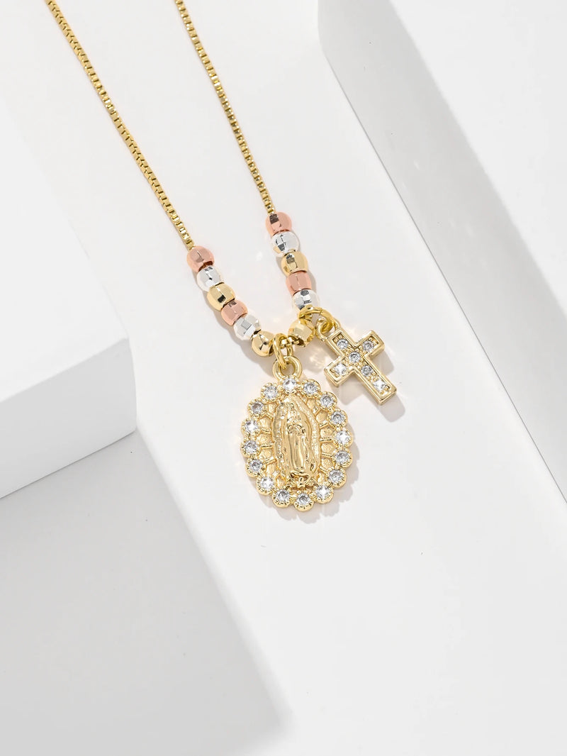 Collier Croix Vierge Doré Bicolore