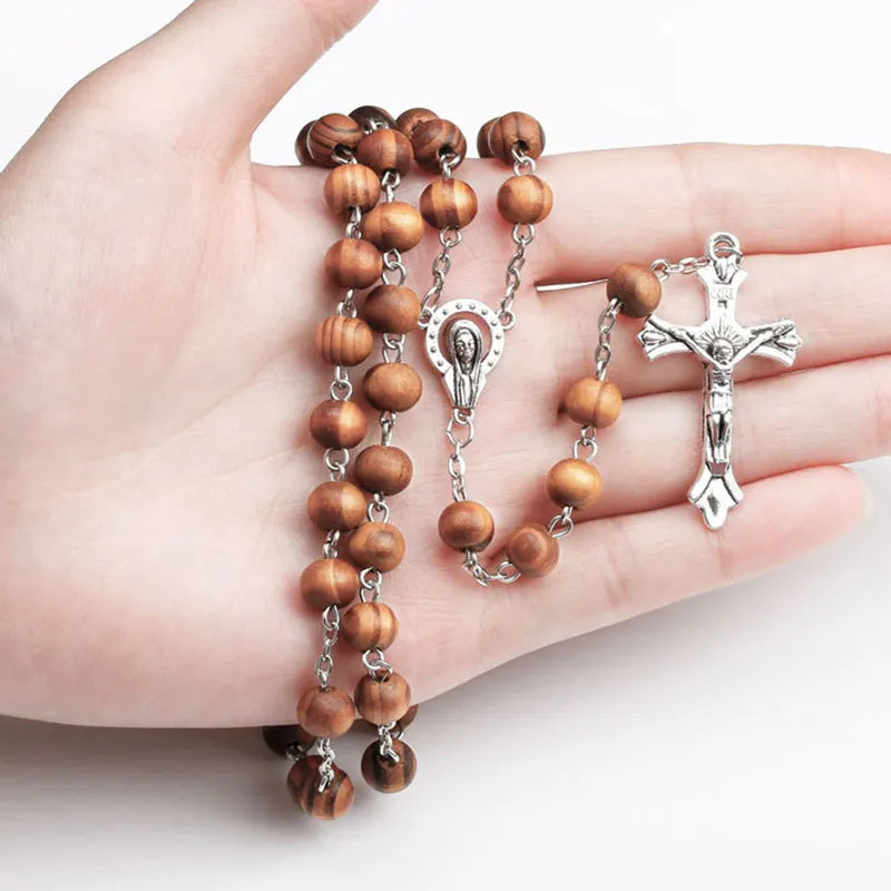 Wooden pearl beads with steel cross