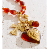 Collier Rouge Translucide à Breloques Croix et Cœur