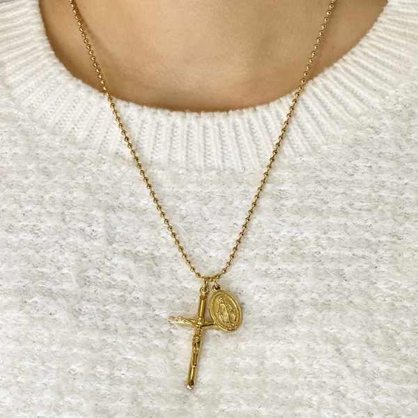 Collier Pendentif Croix Argent Avec émail Bleu Et Chaîne - Vierge Marie - Occasion En Bon état
