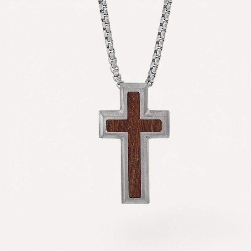 Collier Croix Homme Acier et Bois