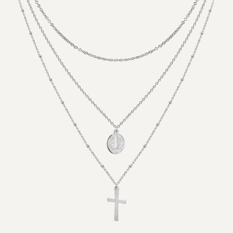 Collier Multirang Croix et Vierge Miraculeuse